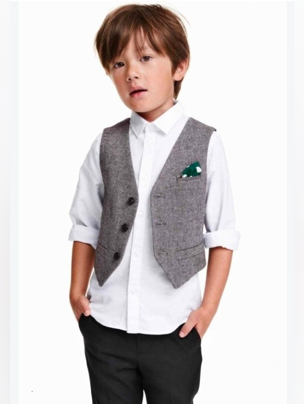 H&M Boys' Grey Herringbone Vest with Green Pocket Square Accent
